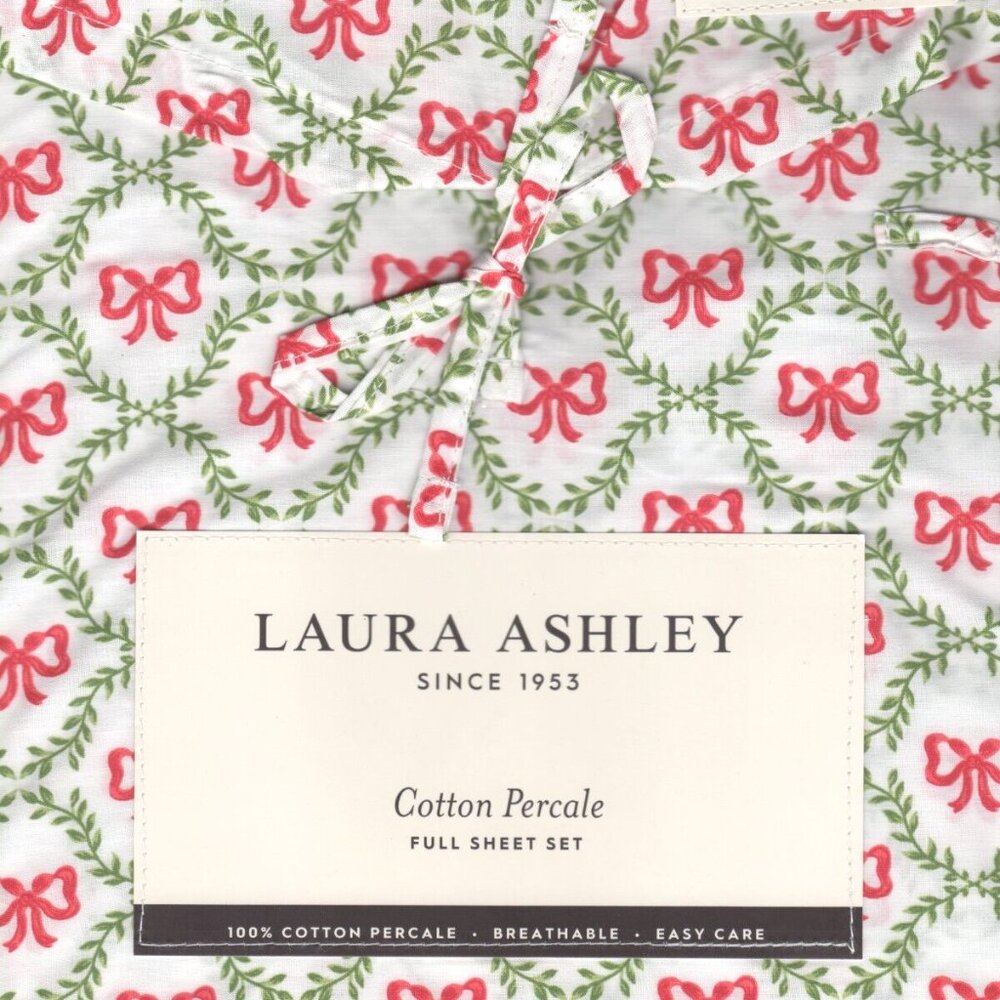 Laura Ashley Christmas BOWS & TRELLIS Cotton Sheet Set - FULL Size Set
